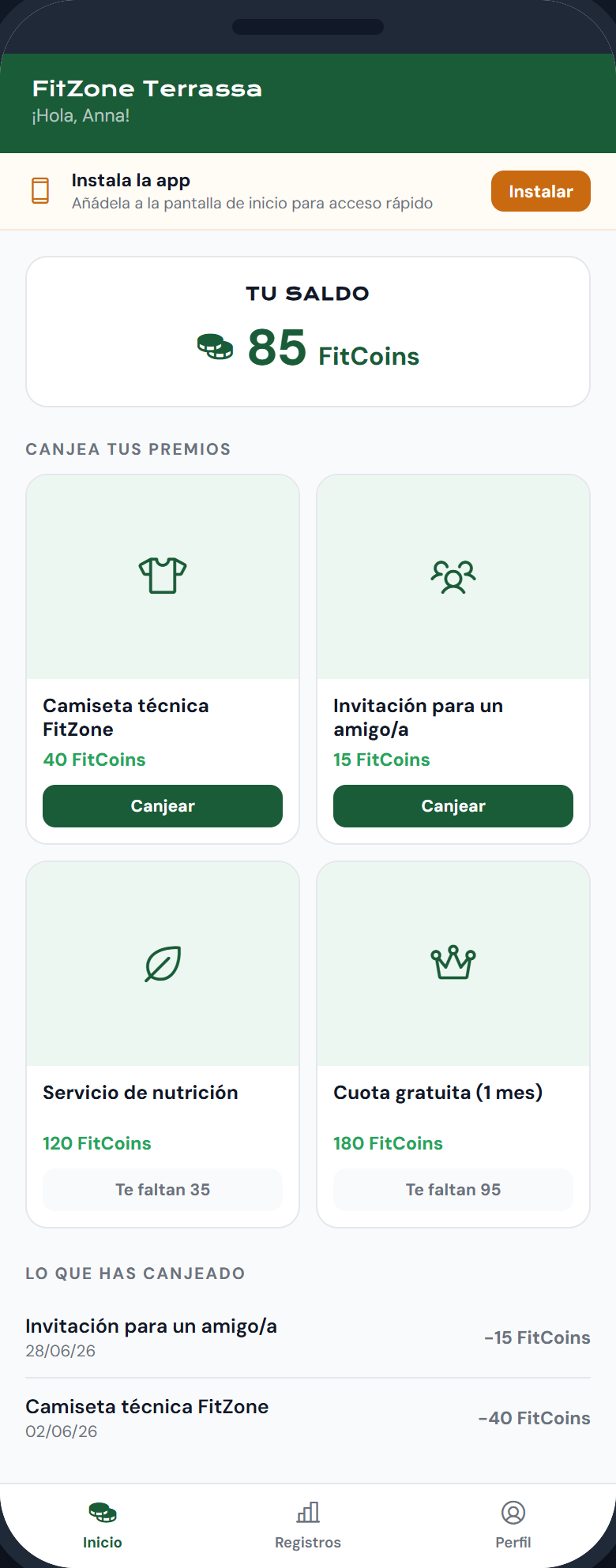 Pantalla d'inici de l'app del soci, amb el seu saldo de punts i el catàleg de recompenses
