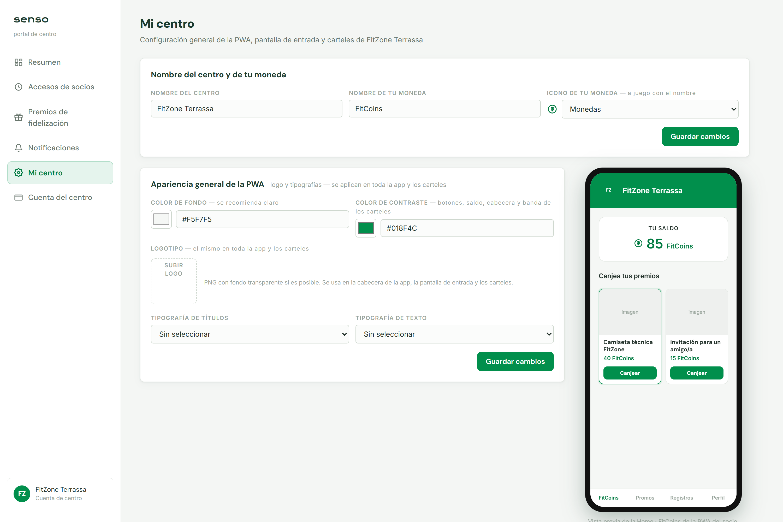 Configuració del nom i la moneda del centre, colors, logo i vista prèvia en directe de l'app