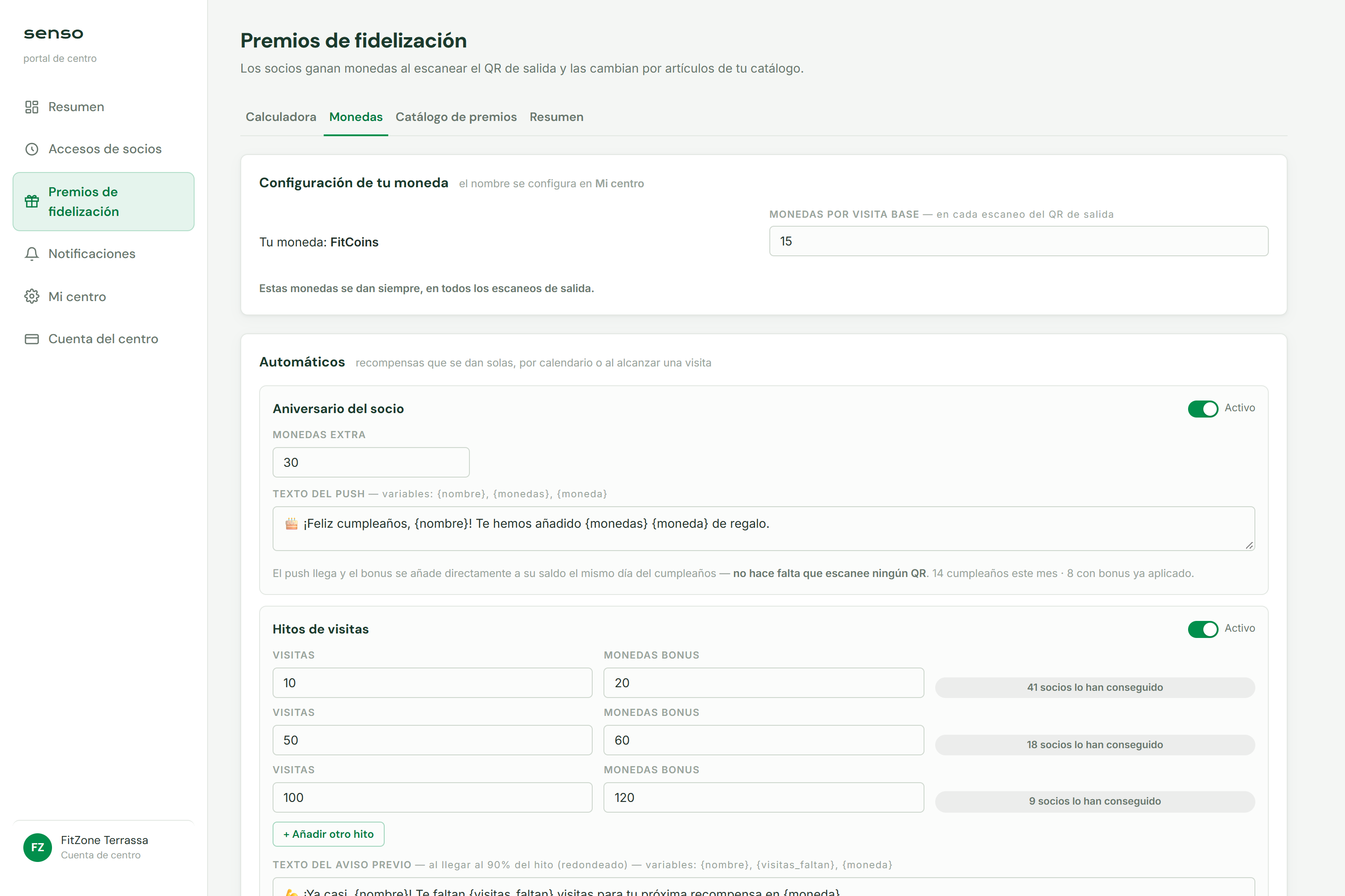 Configuració de punts per visita i premis automàtics addicionals